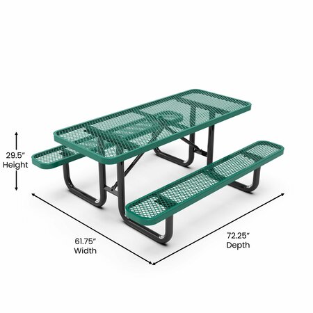 Flash Furniture Mantilla 6' Rectangular Outdoor Picnic Table Green Expanded Metal Mesh Top, Seats, Black Steel Frame SLF-EML-72-GN-GG